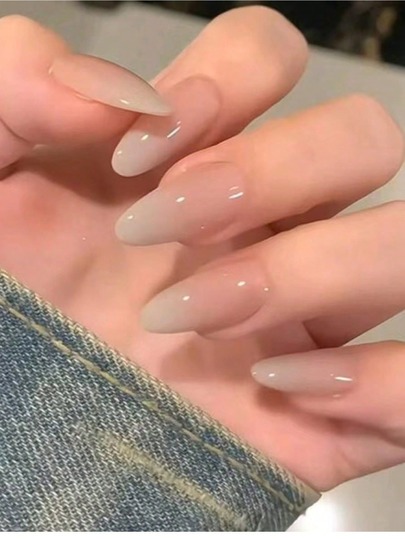 24 sztuki prasowanych nakładek na paznokcie w kształcie migdałów, proste, gradientowe, słodkie i fajne nakładki na paznokcie dla kobiet w stylu japońskim i koreańskim, nowe i modne na palce, w zestawie z 1 kawałkiem kleju żelowego i 1 kawałkiem paska polerskiego, odpowiednie na imprezy damskie, tańce, codzienne stroje, odpinane i wielokrotnego użytku