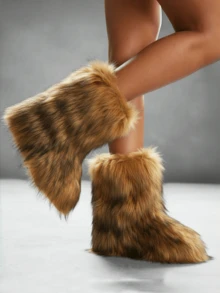 Women's Winter Furry Snow Boots Fuzzy Fluffy Round Toe Suede Booties Flat Heel Slip On Outdoor Indoor Shoes Fashion Warm Fluffy Shoes - 棕色 - 查看 3