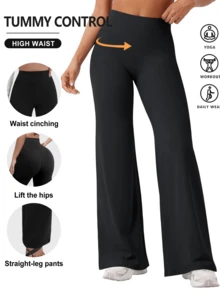 1pc Women's Straight Leg Wide Leg Pants, High Waisted Slimming Yoga Leggings, Suitable For Spring, Summer, Autumn - Black - View 2