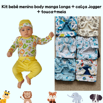 kit 12 peças de roupa para bebê menino RN P M G 100% algodão - 3 body 3 calça 3 touca e 3 pares de meia - roupa de bebe masculina enxoval maternidade menino