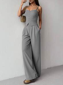 Women's Tank Top With Straps And Wide Leg Pants Set, Elegant Tailoring, Casual, Work, Party, Simple, Plain - 灰色 - 查看 2