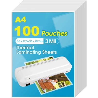 100 hojas A4 de bolsas laminadoras térmicas - Hojas laminadoras transparentes para tarjetas de visita y fotos, compatibles con todas las laminadoras
