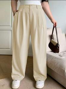 Plus Size Women's Solid Color Loose Straight Trousers With Pockets Versatile Style Business Suit Pantaloons - Krem - View 3