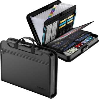 Accordion File Organizer With Combination Lock,Fireproof Water Resistant Expanding File Folder With Multi Pockets,Document Organizer Home Office Travel  Storage For Letter Size Files,Black