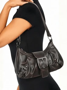 1pc Women Retro Biker Chic Studded Adjustable Strap Crossbody Bag, Large Capacity Soft Gradient Leather Shoulder/Underarm Bag, Suitable For Work, Dating, Parties, Vintage Bag For Women, Halloween Purse Perfect For Fancy Party Halloween Fashion & Gothic Fashion - 棕色 - 查看 8