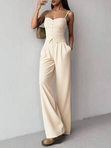 Women's Tank Top With Straps And Wide Leg Pants Set, Elegant Tailoring, Casual, Work, Party, Simple, Plain - 米色 - 查看 1