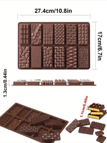 1 pieza Nuevo molde de silicona en forma de ladrillo de chocolate de Dubai grueso, herramienta de chocolate con 10 cuadrículas de forma cuadrada que se puede romper a mano, resistente al calor