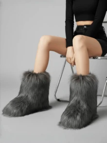 Women's Winter Furry Snow Boots Fuzzy Fluffy Round Toe Suede Booties Flat Heel Slip On Outdoor Indoor Shoes Fashion Warm Fluffy Shoes - 灰色 - 查看 3