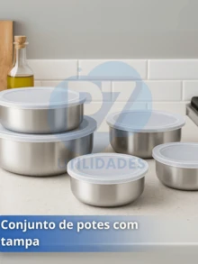 Set Of 5 Stainless Steel Bowls With Lids, Round Pots 285ml To 1430ml, Airtight Kitchen Pot Kit - Stainless Steel - View 3
