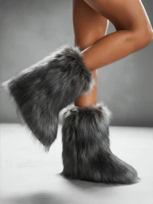 Women's Winter Furry Snow Boots Fuzzy Fluffy Round Toe Suede Booties Flat Heel Slip On Outdoor Indoor Shoes Fashion Warm Fluffy Shoes - 灰色 - 查看 2