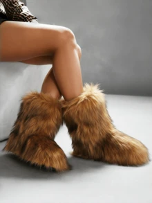 Women's Winter Furry Snow Boots Fuzzy Fluffy Round Toe Suede Booties Flat Heel Slip On Outdoor Indoor Shoes Fashion Warm Fluffy Shoes - 棕色 - 查看 2