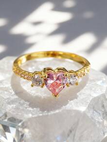 Charm-In 1入組鍍銅18K金鑲嵌粉色的心形方晶鋯石圓環適合女孩 - 金黃色 - 查看 1