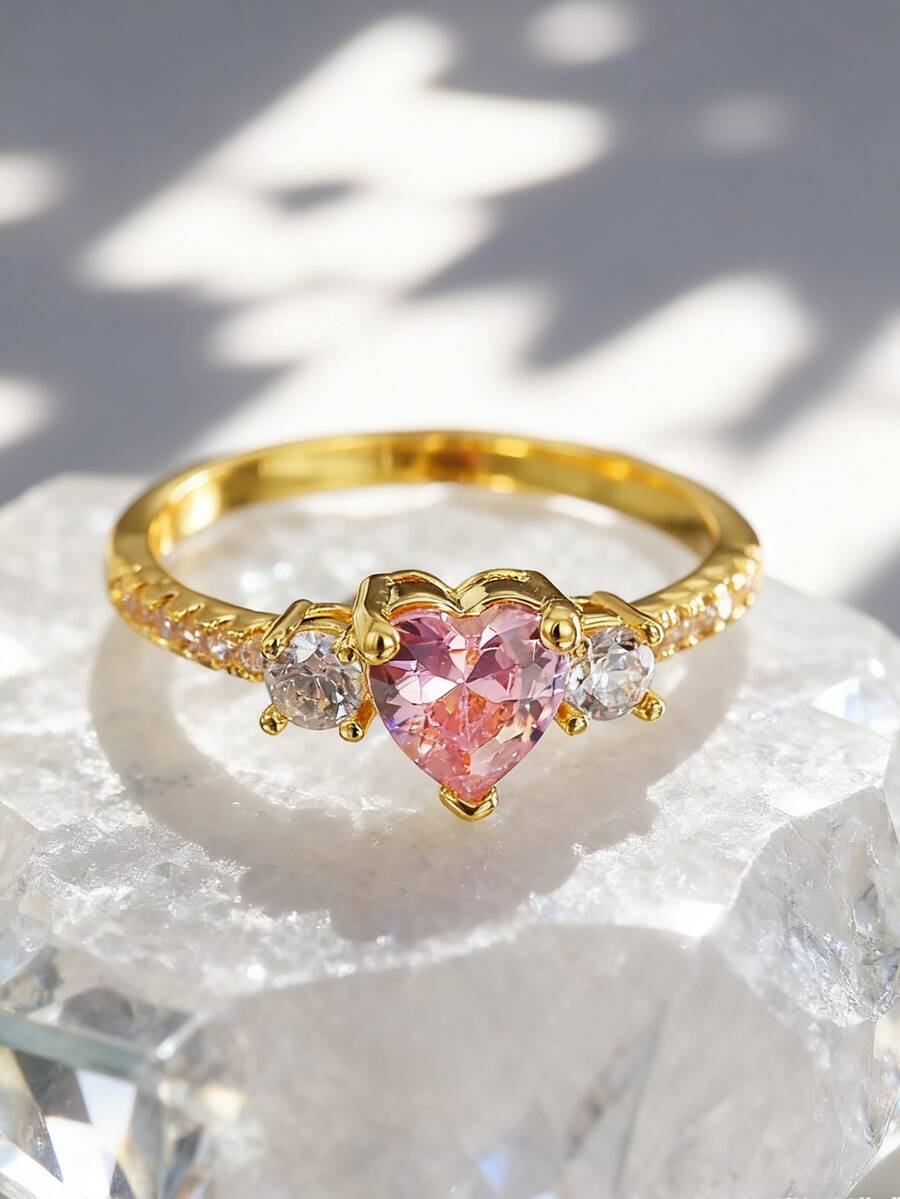 Charm-In 1入組鍍銅18K金鑲嵌粉色的心形方晶鋯石圓環適合女孩 - 金黃色 - 查看 1