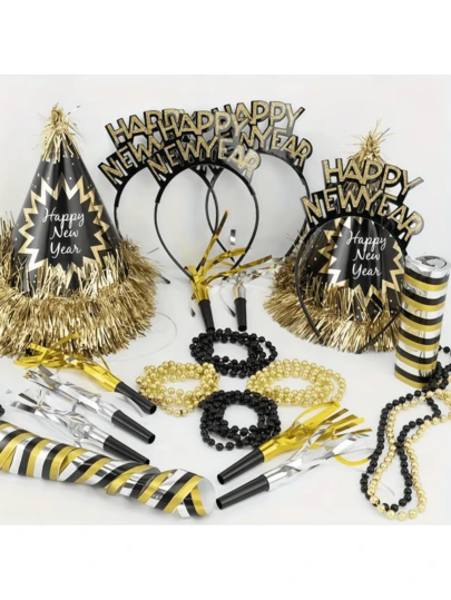 2026 Happy New Year Party Kit, 26-Piece Celebration Set, Photography Props, Including Cone Hat, Headpiece And Beaded Necklace, Perfect For New Year's Eve Celebration, New Year's Eve Party Decorations, New Year