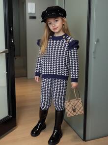 2pcs/Set Young Girls Plaid Knit Sweater And Wide Leg Pants Co-Ord Set, Fashionable Casual Outfit For Girls, Suitable For Everyday Wear, Home, And Outings, Autumn/Winter - Black and White - View 7