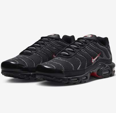  Nike Air Max Plus 反光设计缓震回弹训练鞋，男女款，新款双气室，高抓地力，舒适健身跑鞋，黑/红/银配色，时尚休闲运动鞋，情侣款 HF4293-001