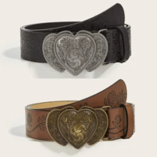 2pcs Unisex Heart Print & Solid Color Western Style Vintage PU Leather Belt, Suitable For All Seasons Fall, Autumn, Halloween