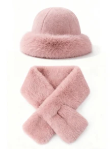 1/2件套保暖毛绒渔夫帽围巾套装，柔软时尚的针织帽和围脖组合，送给家人和朋友的绝佳礼物，秋冬季保暖头饰，情人节礼物 - 彩色 - 查看 7