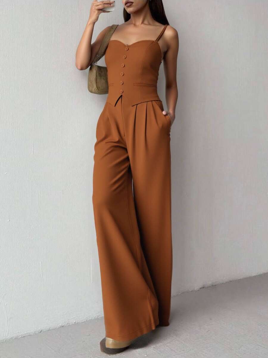 Women's Tank Top With Straps And Wide Leg Pants Set, Elegant Tailoring, Casual, Work, Party, Simple, Plain - màu nâu - Xem 1