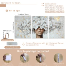 3pcs/Set Vintage Canvas Wall Art, Elegant Lady Wearing Floral Crown, White Flowers Accented With Gold Foil, Vertical, Rustic Style, Available With Or Without Frame, Suitable For Room Decor, Home Decor, Dorm, College Apartment, Also An Ideal Gift For Hotel, Home, Living Room, Bedroom, Bathroom And Office Wall Decoration - Multicolor - View 13