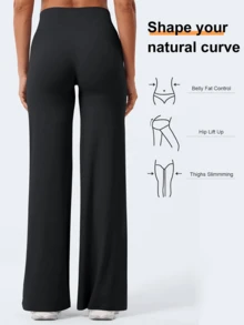 1pc Women's Straight Leg Wide Leg Pants, High Waisted Slimming Yoga Leggings, Suitable For Spring, Summer, Autumn - Black - View 5