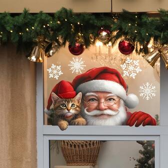 1pc Festive Santa Claus & Ginger Cat Sticker - PVC, Self-Adhesive, Classic Holiday Decor For Bathroom Or Window, Glossy Finish, Single Use, Christmas Bathroom Decor