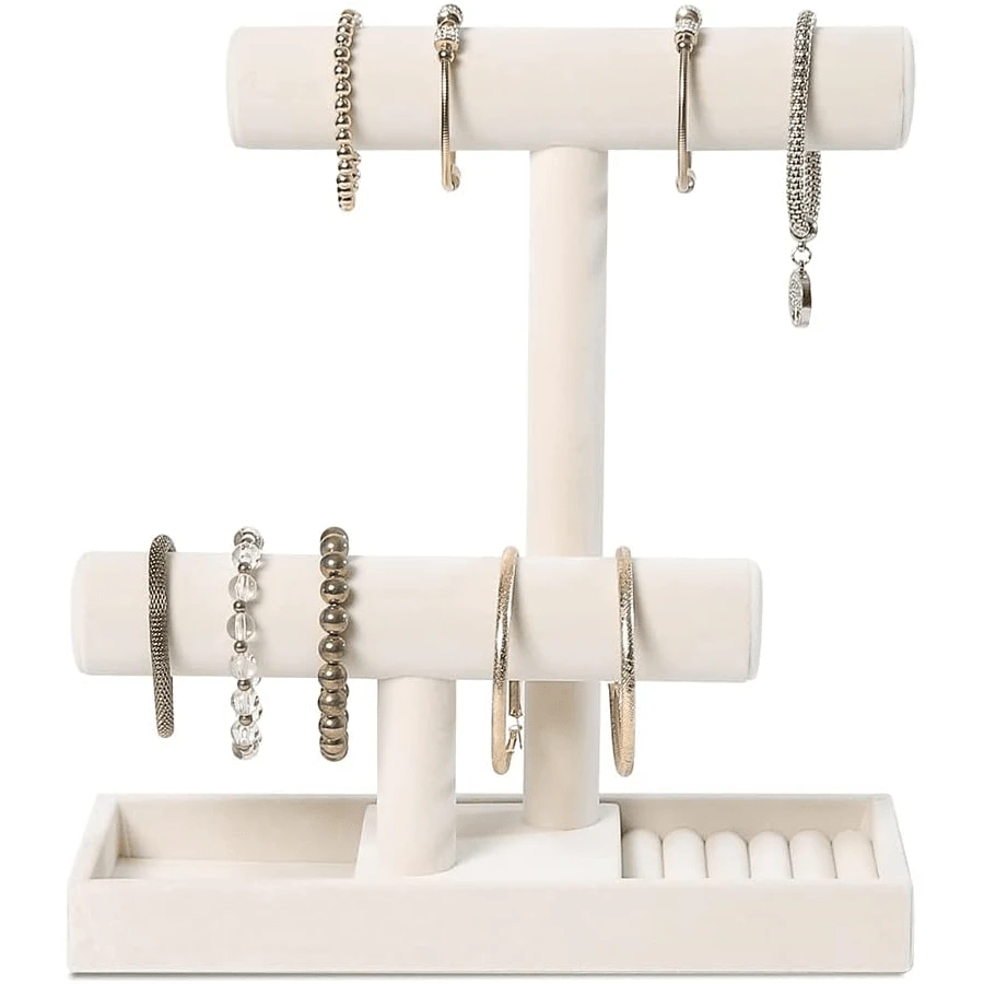 ByKen Multi-Functional 2 Tier Jewelry Holder,Necklace Bracelet Holder With Earrings Rings Tray,Jewelry Organizer Stand For Scrunchie Watches(Beige Velvet) - MàuA - Xem 1