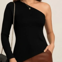 Women's Asymmetrical Blouse, Elegant One Shoulder, Long Sleeve, Premium Ribbed - 黑色 - 查看 5