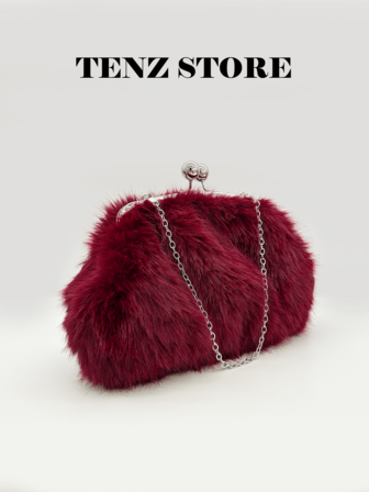 Women's Y2K Elegant Fluffy Faux Fur Evening Clutch Bag, Burgundy Plush Handbag With Chain Strap, Elegant Plush Purse For Fall Winter Outfits, Perfect For Party, Wedding, Cocktail, Prom, Date, Daily Use & Holiday Gifts, Suitable For Halloween