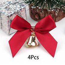 2/4/12pcs DIY Christmas Satin Ribbon Bow Bells Crafts, Red Ribbon Gift Wrapping Sealing Bows Bells, Christmas Decor Hanging Bells - Red - View 10