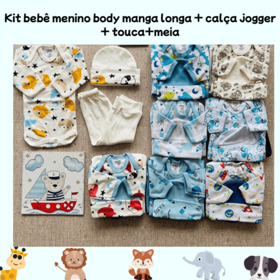 Kit enxoval 12 peças de roupa para bebe menino 100% algodão - roupa de bebe masculina 3body, 3 calça, 3 touca e 3 meia - enxoval maternidade completo