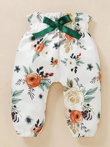 BrownBark 3pcs/Set Autumn Baby Girls' Casual Ribbed Solid Color Top + Printed Pants + Headwear Outfit, Versatile