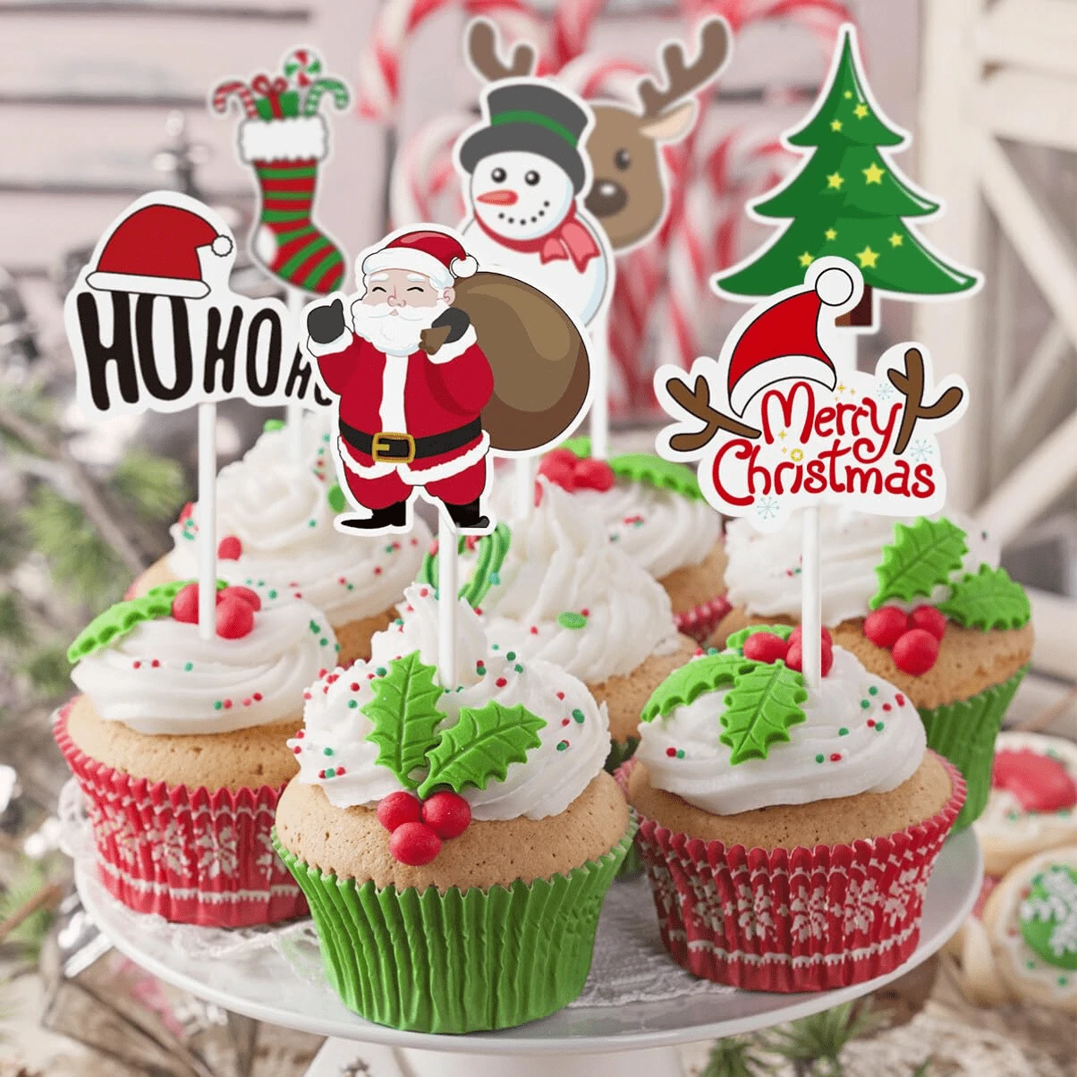 Christmas Theme Cupcake Decorations - Christmas Tree, Santa Claus, Reindeer, Snowflake Cake Toppers, Merry Christmas, Winter Baby Shower, Birthday Party Cake Supplies