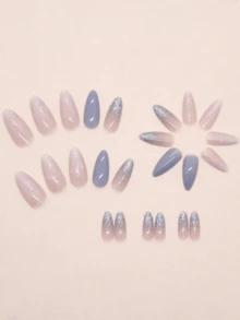 A Complete Set Of 24 Mid-Length Almond-Shaped Press False Nails, Featuring A Clear And Fine Misty Blue Design, Includes 1 Piece Of Jelly Glue And 1 Nail File. They Are Perfect For Parties, Dancing And Daily Wear. They Are Detachable And Reusable - Multicolor - View 3