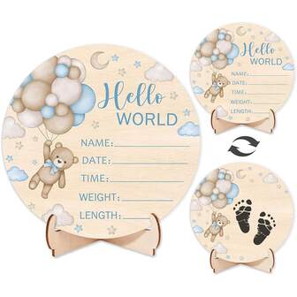 Hello World Hospital Newborn Logo Blue Teddy Bear Baby Announcement Logo Name Logo Gift For New Mothers Welcoming Babies Double-Sided Wooden Photography Props