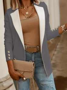 1 pieza Chaqueta Blazer de Punto con Solapa y Patchwork Casual Versátil para el Desplazamiento Diario - Gris Oscuro - Ver 4