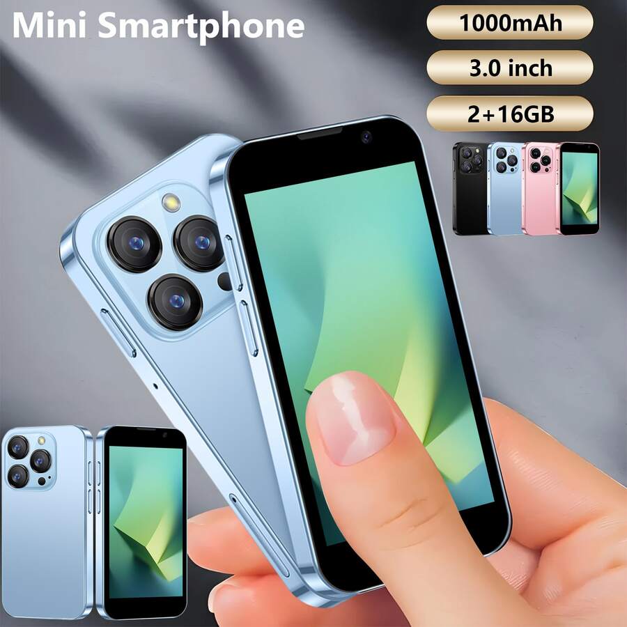 World's Smallest Smartphone - Android 9 Mini Phone With Quad-Core Processor, 16GB ROM/2GB RAM, 5MP Camera, Dual SIM Slots, Face Unlock & Touchscreen -Gift For Boys & Girls, With Apps ( Play Store) - Pink & Black. Mini Phones. Halloween Gift. Christmas Present. Phone Camera - Blue - View 1