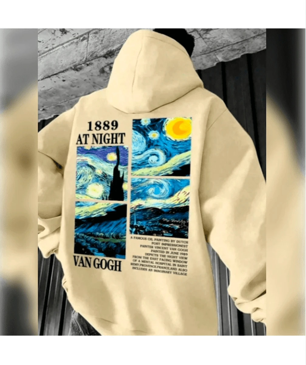 100% Cotton  Sweatshirt Hoodie For Cold Weather Unisex Van Gogh Vintage 1889 Winter Blouse - 米色 - 查看 1