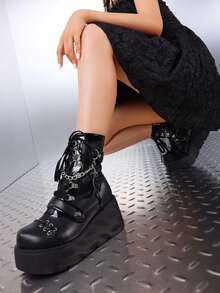 Goth Punk Women's Chain Platform Boots Platform Wedge Ankle Boots Goth Patent Lace Up Boot Chain Strappy Booties Lace Up&Zipper Combat Boots - 黑色 - 查看 5