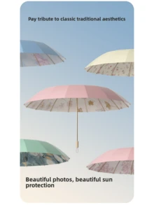 1pc Ink Painting Style Inner & Outer Printed High-End Sunshade Umbrella, UV Protection, Suitable For Outdoor Travel, Dual Use For Sunny And Rainy Days