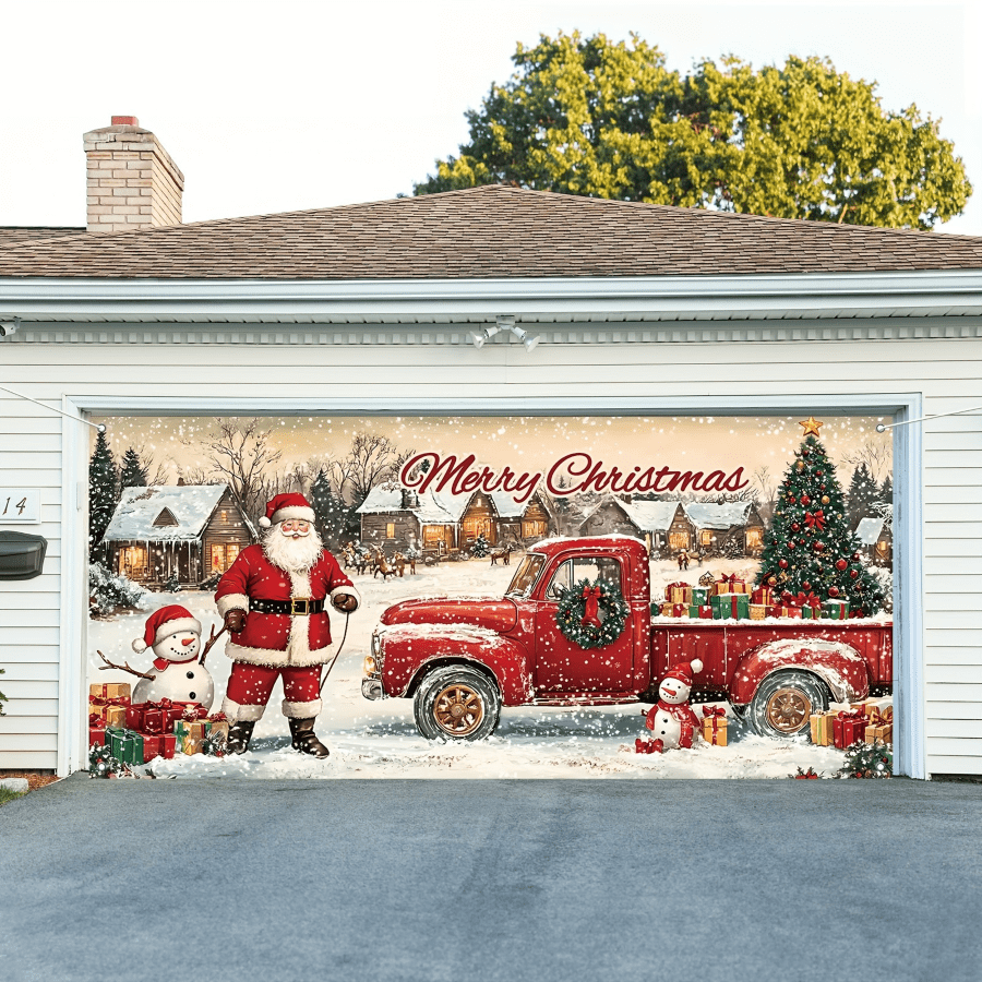71" X 157" Christmas Garage Door Banner - Santa Claus Truck And Snowman Wall Hanging - Multipurpose Holiday Home And Yard Decor, No Electricity Needed