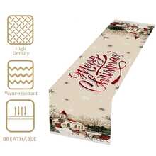 1入組聖誕主題桌布，復古鄉村風格，經典聖誕雪景，聚酯纖維桌布，35x180公分，適用於聖誕派對、家庭聚會桌面裝飾 - 米色 - 查看 10