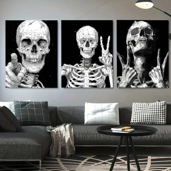 1 Piece/3 Pieces Wall Decoration Optional Frame Poster Skull Canvas Art Set - Modern Black And White Wall Decoration, Suitable For Bedroom, Living Room, Home Office, High Resolution Printing