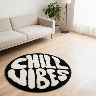 1pc "Chill Vibes" Letter Plush Rug, Soft & Skin-Friendly Faux Wool Carpet For Living Room, Bedroom, Bathroom, Game Room, Home Decor, Washable Christmas Decor Kitchen Rug