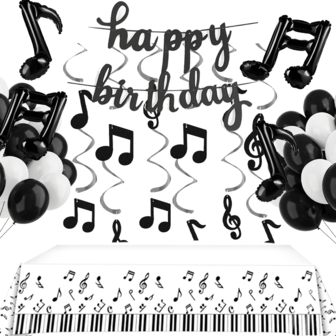 音乐主题派对装饰套装包括音乐乳胶铝箔气球音符悬挂漩涡生日快乐横幅和一次性音符桌布，适用于生日婚礼派对用品
