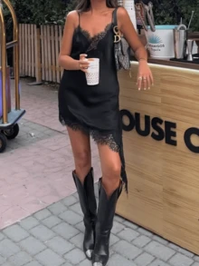 Women Y2k Satin Silk Lace Patchwork Cami Tops V Neck Tank Dress Asymmetrical Sleeveless Dress Casual Camisole Going Out Party Club Streetwear Aesthetic Clothes - 黑色 - 查看 3