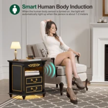 HNEBC European Classical Nightstand With Gun Drawer, 20" Vintage Bedside Table With LED Lights & Charging Station, Tall Rustic Wood Sofa Side End Table With 2 Drawers For Bedroom - Xem 8