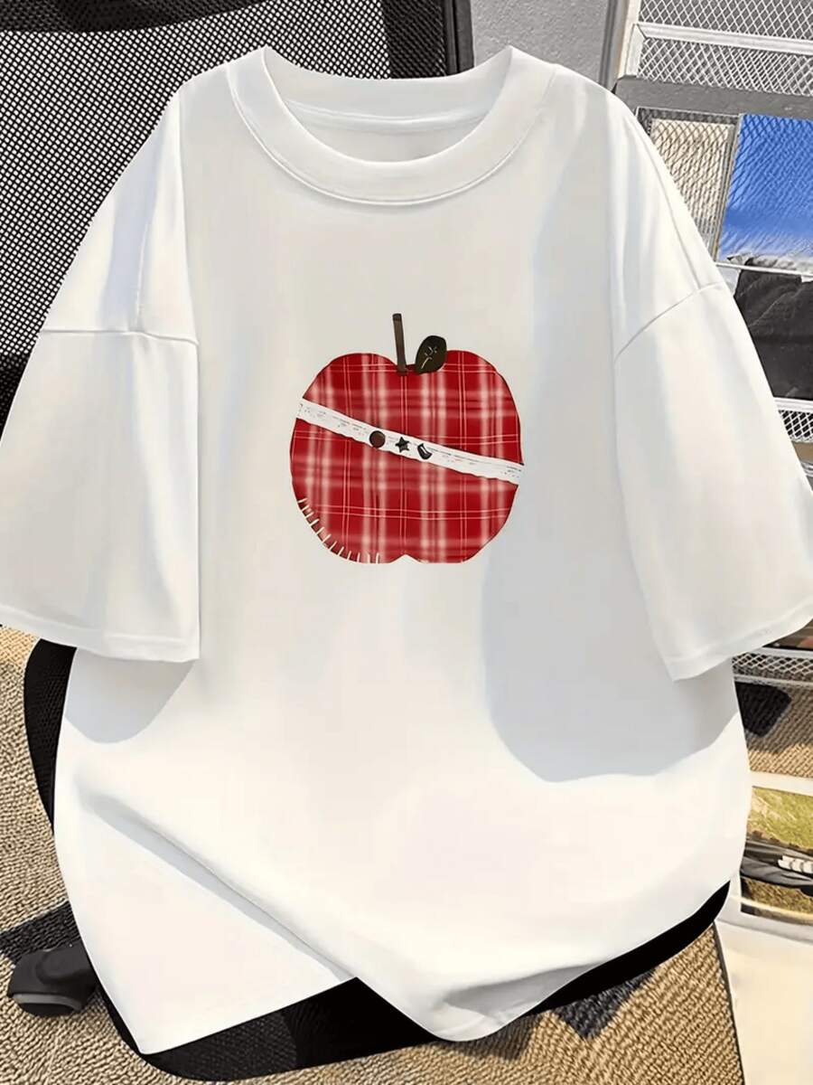 1pcs Artistic Red Plaid Apple Graphic Print T Shirt Charming Whimsical Fruit Design Women's Casual Round Neck Tee Oversized Relaxed Fit Stylish - White - View 1