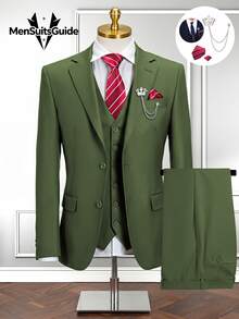 6pcs Men's Slim Fit Suits Tuxedos Double Breasted Multicolor Blazer Vest And Pants With Tie  Brooch And Pocket Square, Prom Suits For Men Wedding Grooms - Màu xanh Ô liu - Xem 10