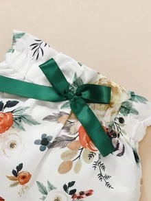 BrownBark 3pcs/Set Autumn Baby Girls' Casual Ribbed Solid Color Top + Printed Pants + Headwear Outfit, Versatile